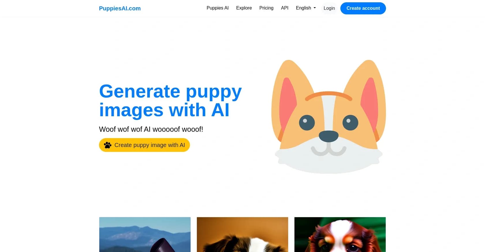 PuppiesAI homepage screenshot — Create puppy images with AI commands