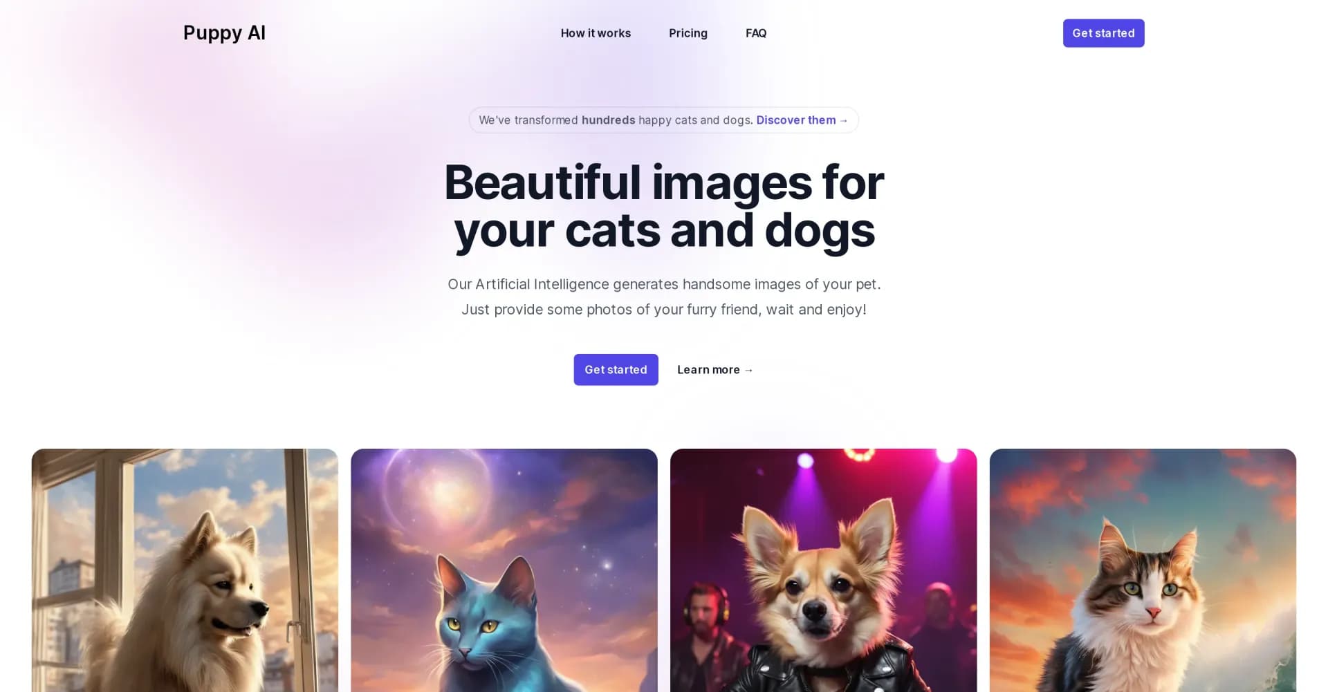 Puppy AI homepage screenshot — AI-generated pet portraits in seconds.