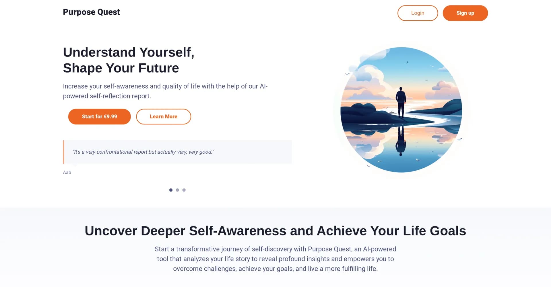Purpose Quest homepage screenshot — Understand yourself, shape your future with our AI-powered s