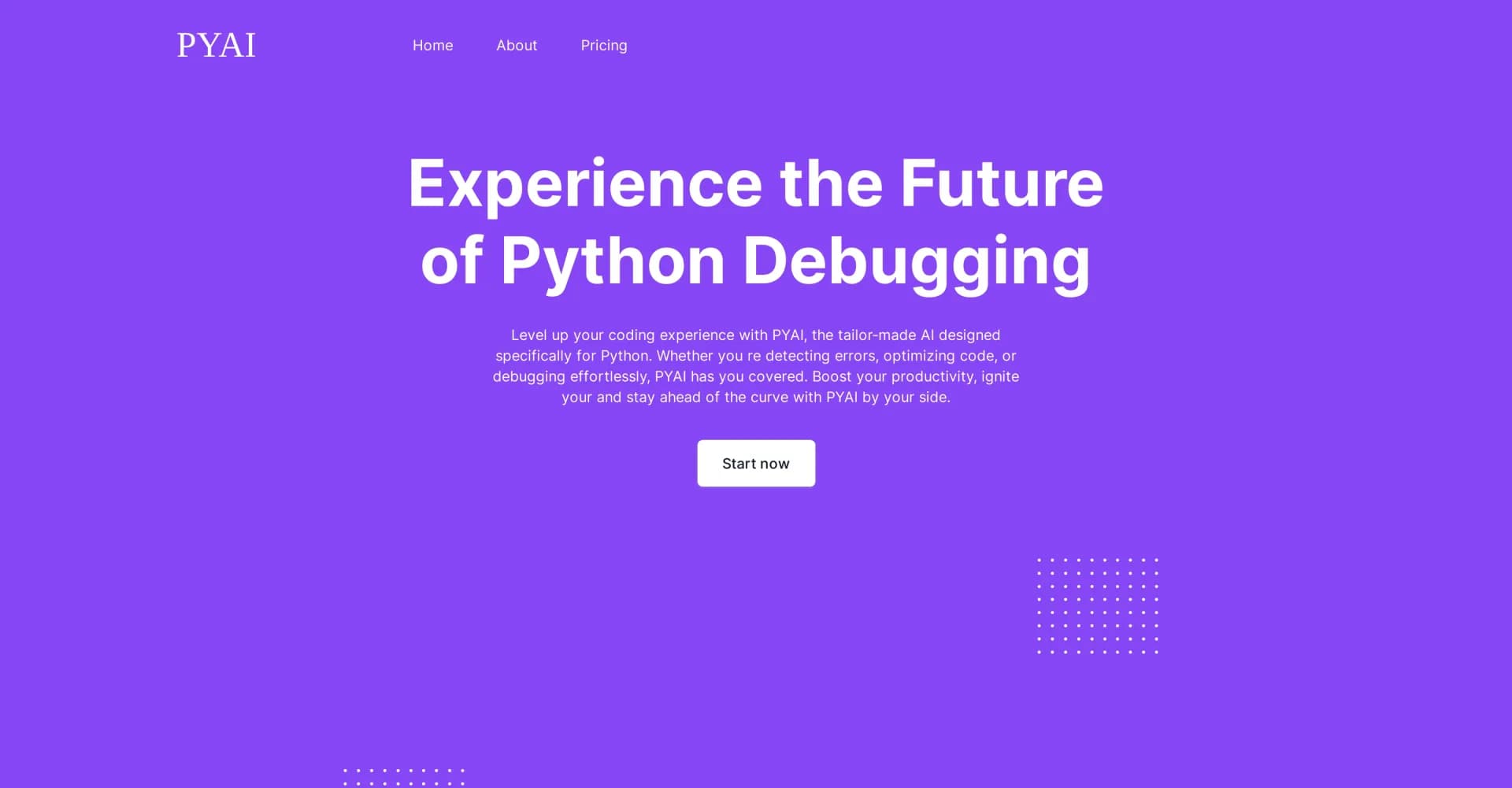 PYAI homepage screenshot — Level up your coding with Python-specific AI.