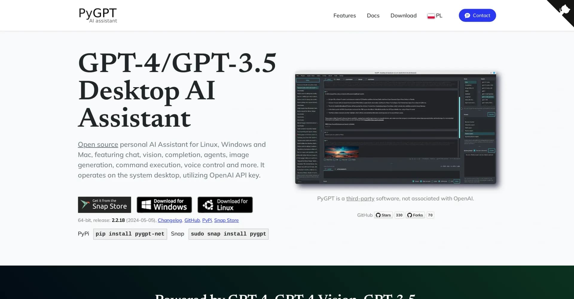 PyGPT homepage screenshot — Your desktop AI companion with GPT-4 and more.