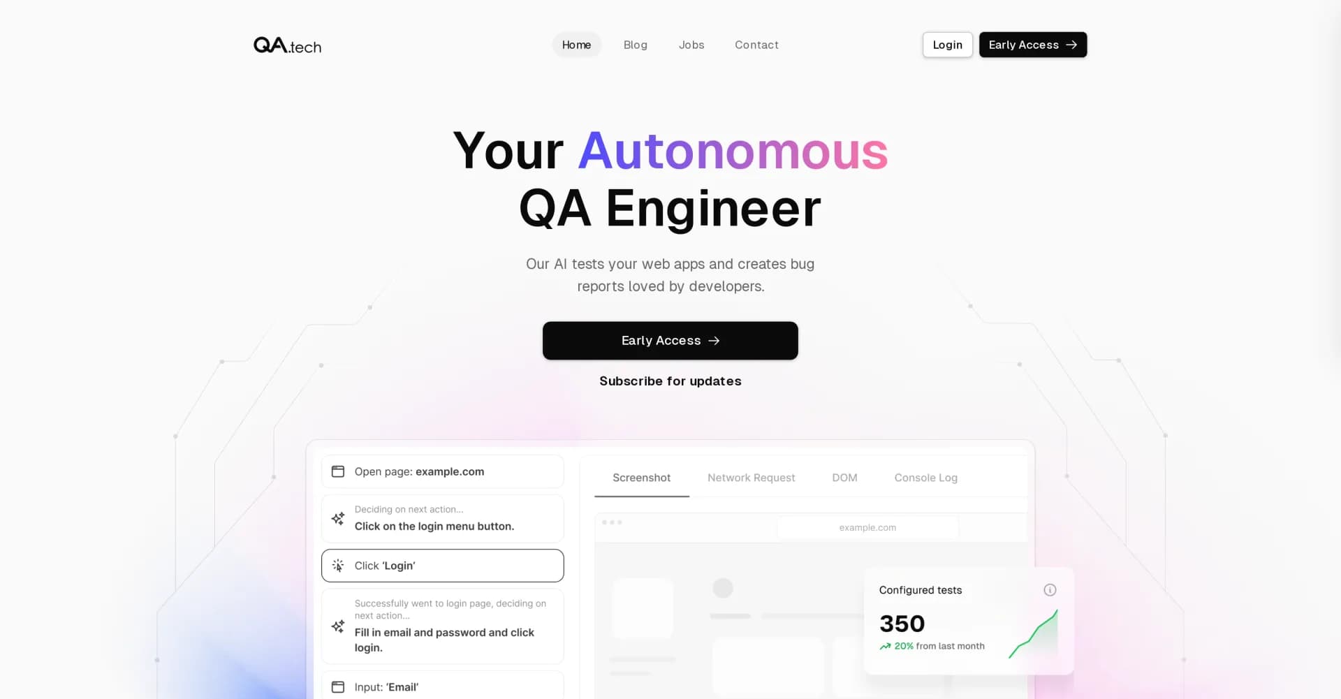 QA.tech homepage screenshot — Our AI tests your web apps and creates bug reports loved by 