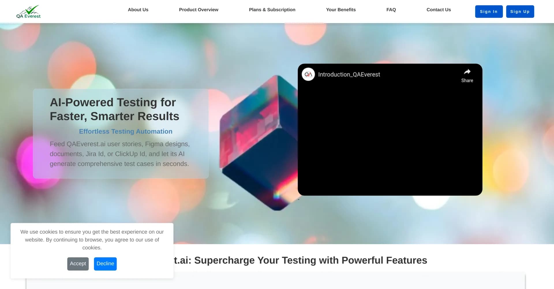 QAEverest homepage screenshot — Create test cases with AI