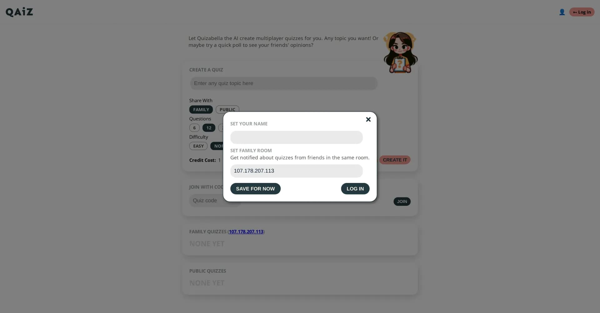 Qaiz homepage screenshot — Instantly create multiplayer quizzes on any topic.