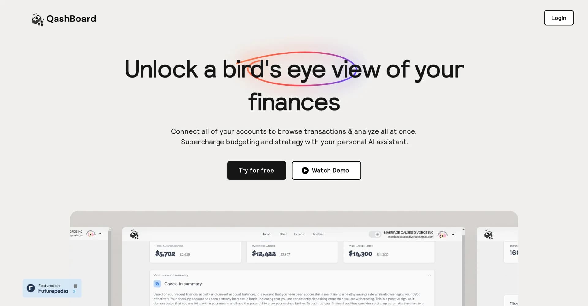 Qashboard homepage screenshot — Unlock a bird's-eye view of your finances
