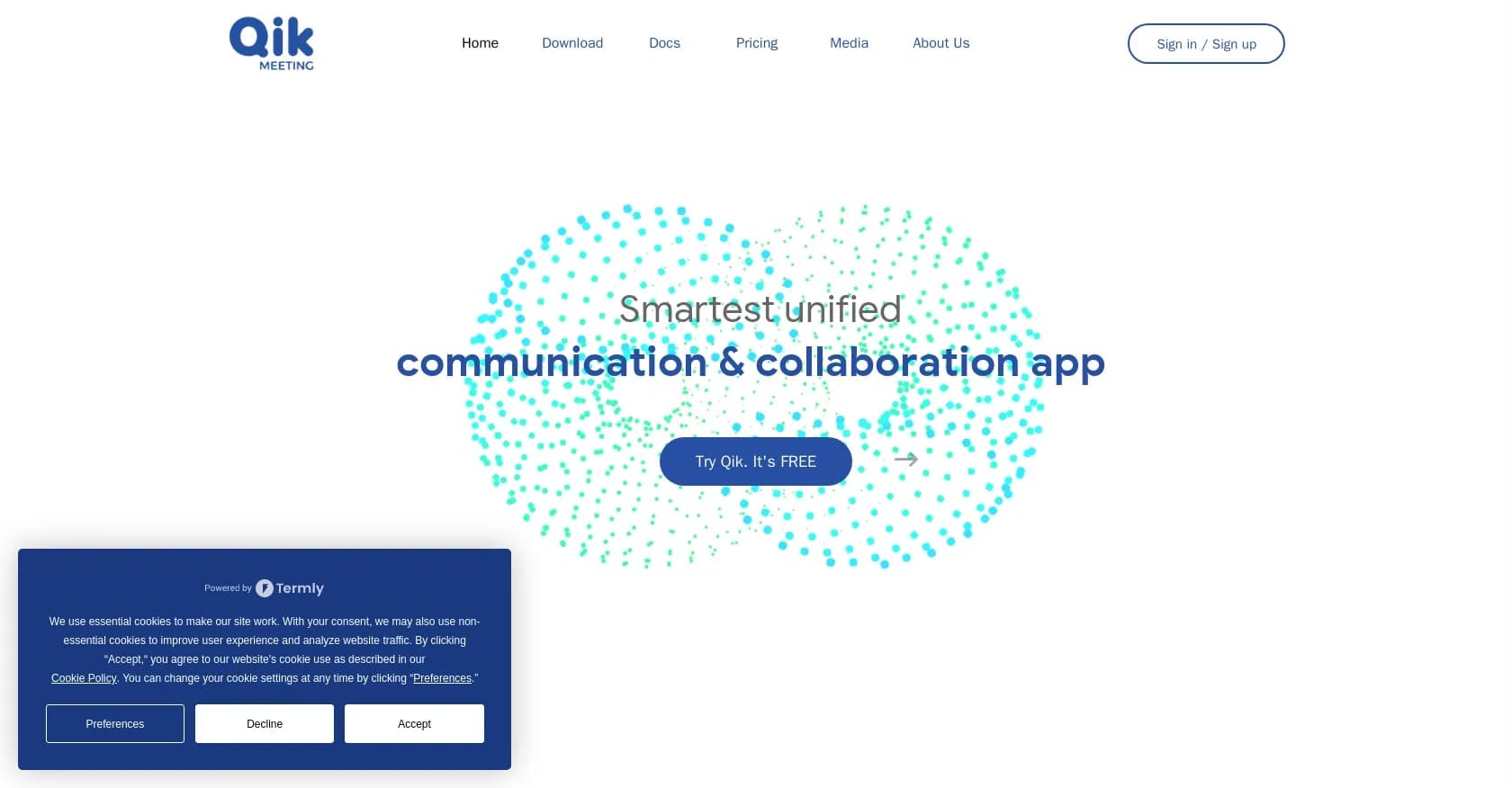 Qik Meeting homepage screenshot — AI-powered meeting minutes and collaboration