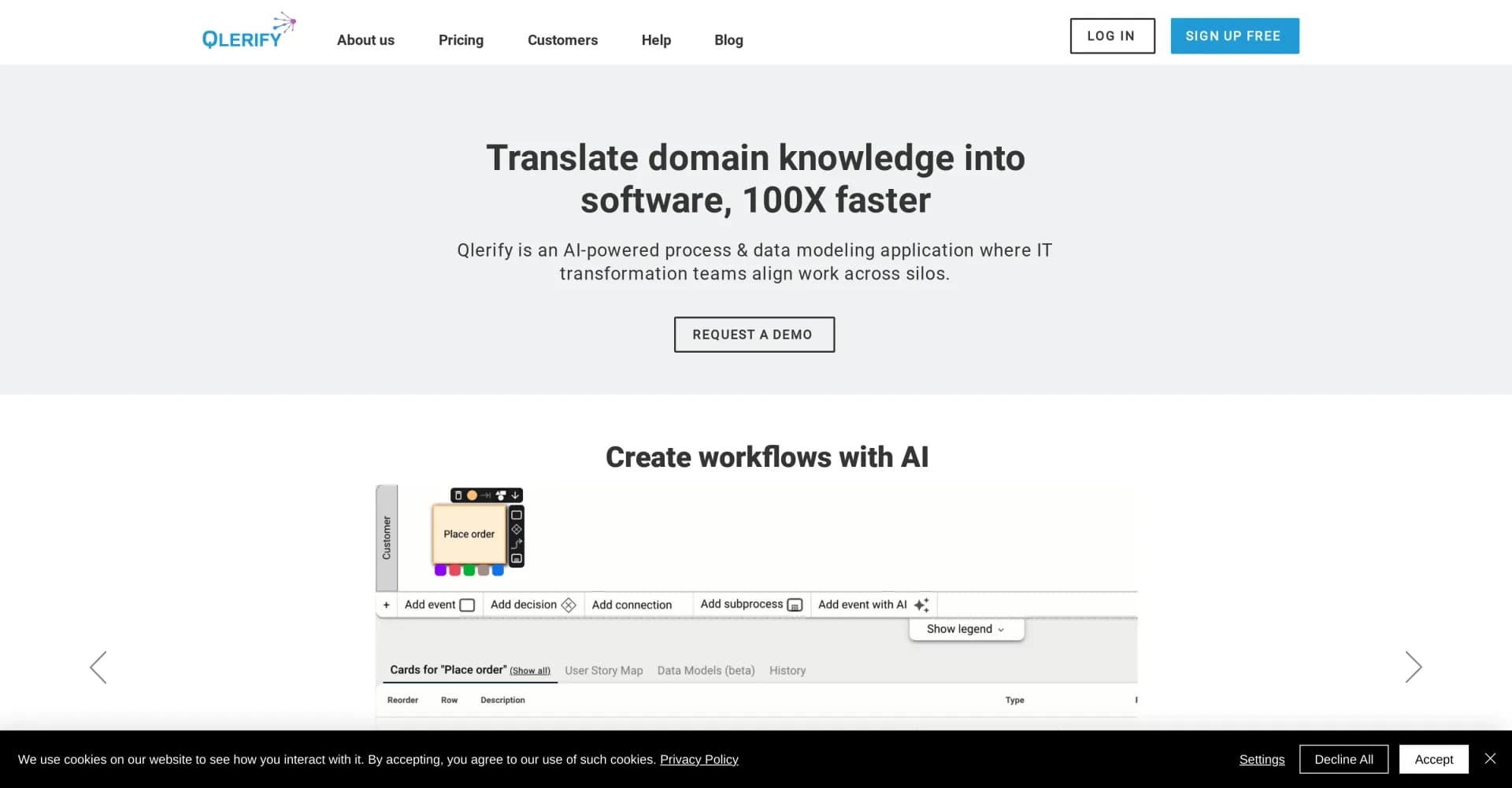 Qlerify homepage screenshot — AI-powered process modeling for faster IT transformation