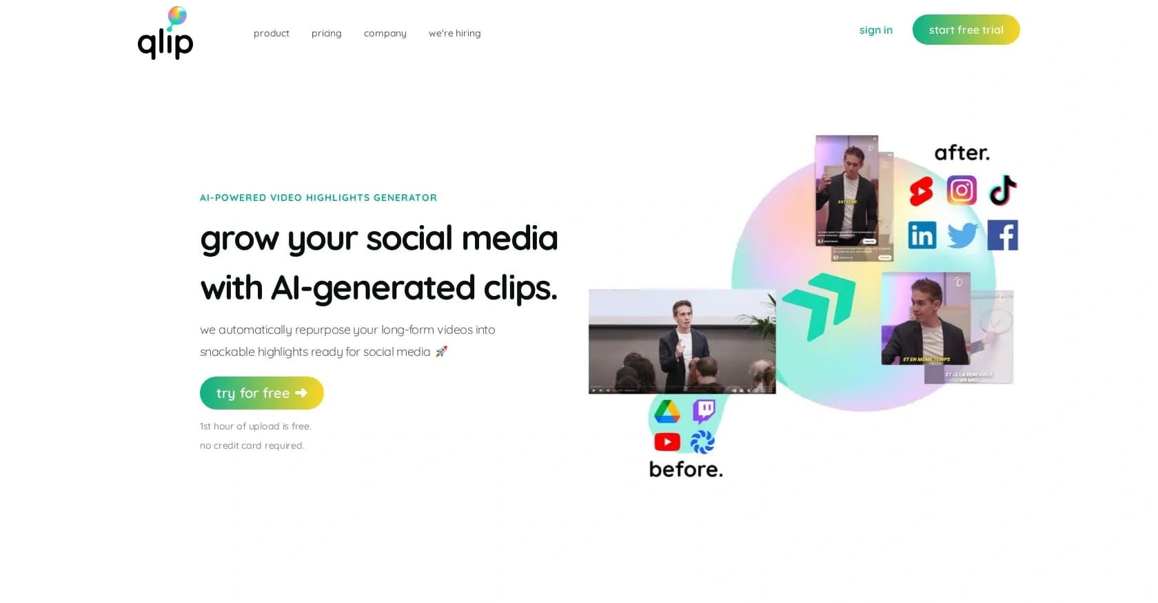 Qlip homepage screenshot — AI-powered video clipping for social media growth