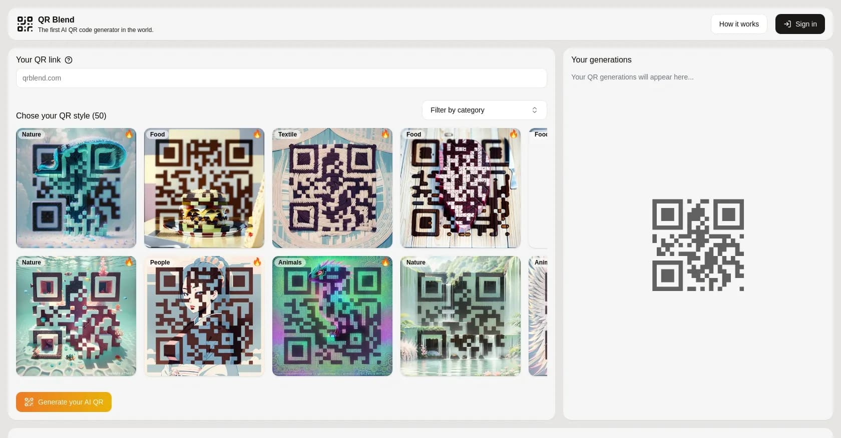 QRblend homepage screenshot — Create unique AI QR codes in seconds.
