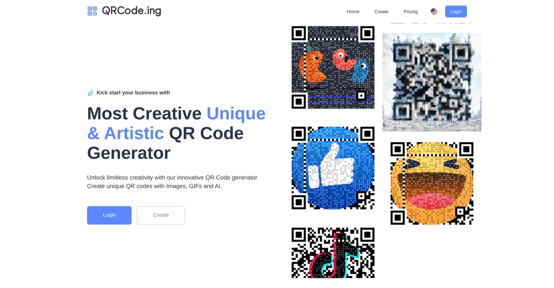 QRCode.ing homepage screenshot — Create eye-catching QR codes with images, GIFs, and AI.