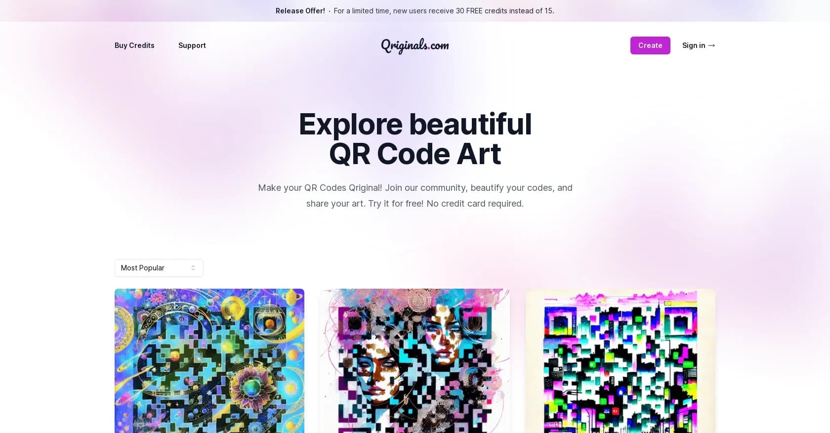 Qriginals homepage screenshot — Create and share AI-generated QR code art