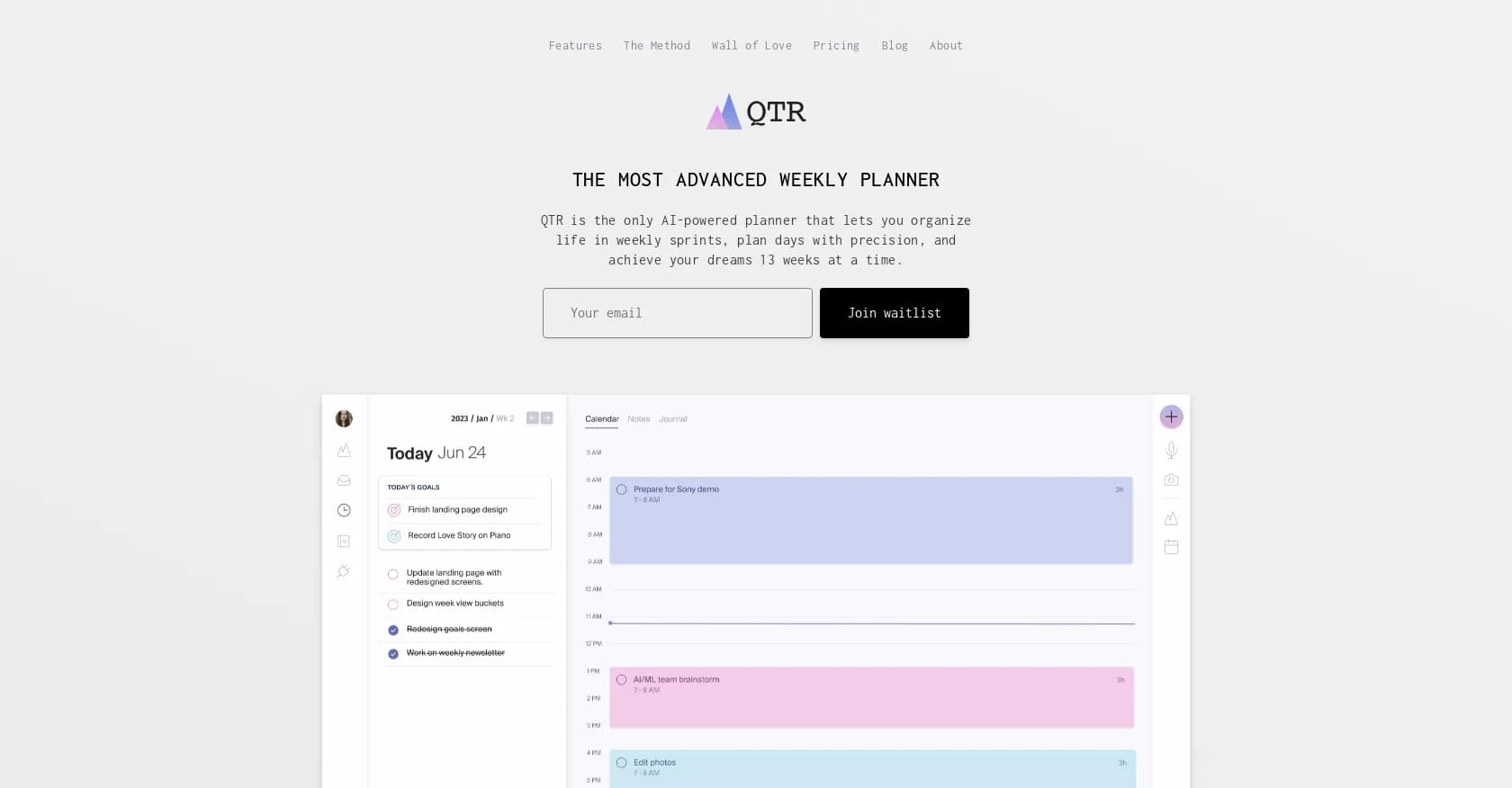 QTR homepage screenshot — Organize life in weekly sprints, achieve dreams quarterly.