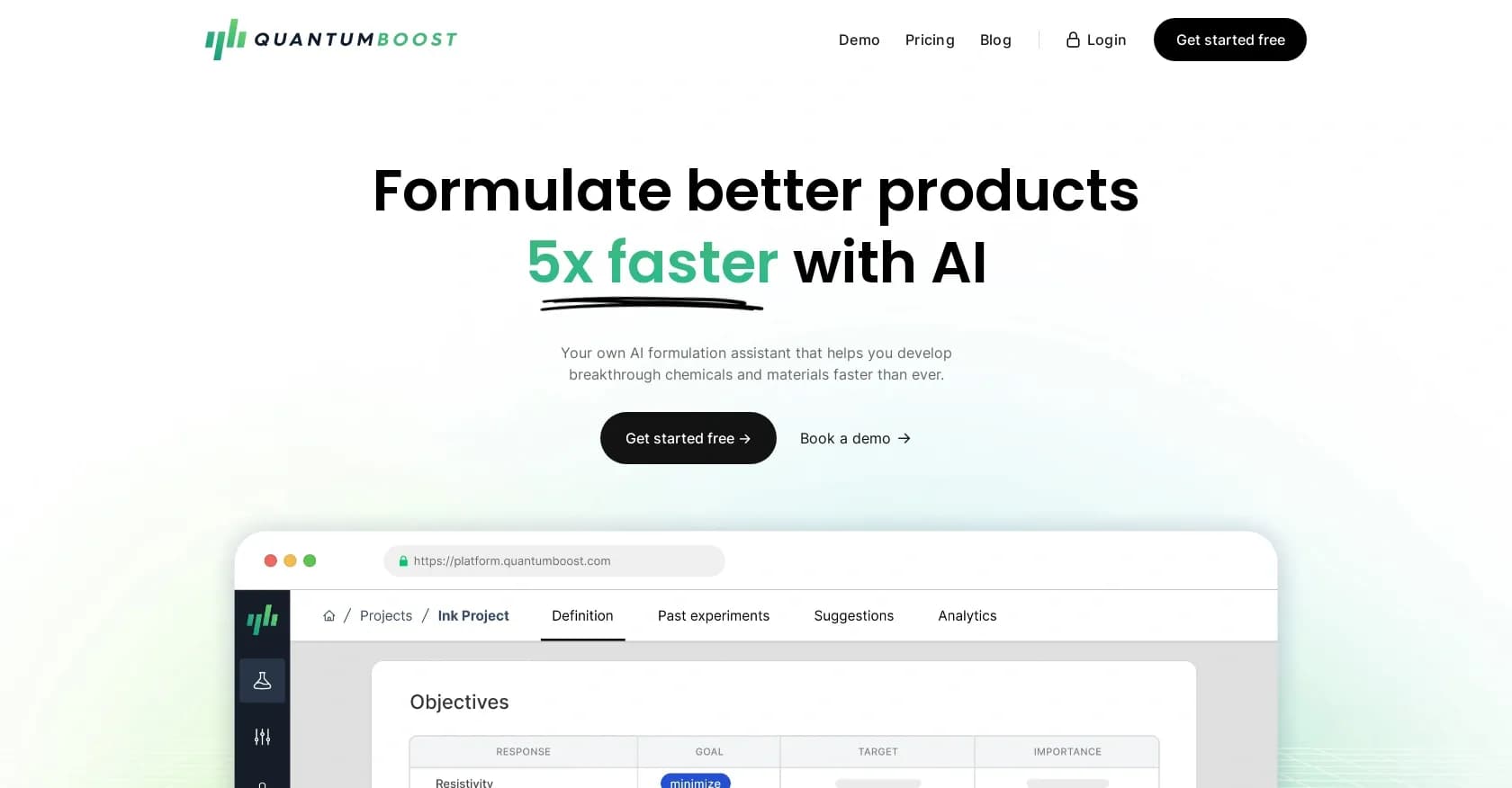 Quantum Boost homepage screenshot — AI-powered formulation for faster product breakthroughs