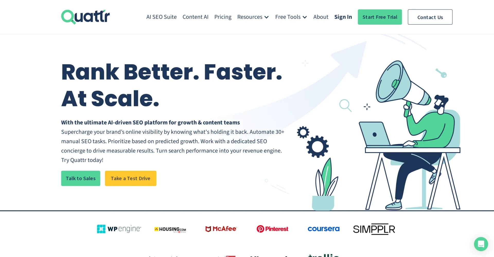 Quattr homepage screenshot — AI-powered SEO platform for faster, scalable ranking