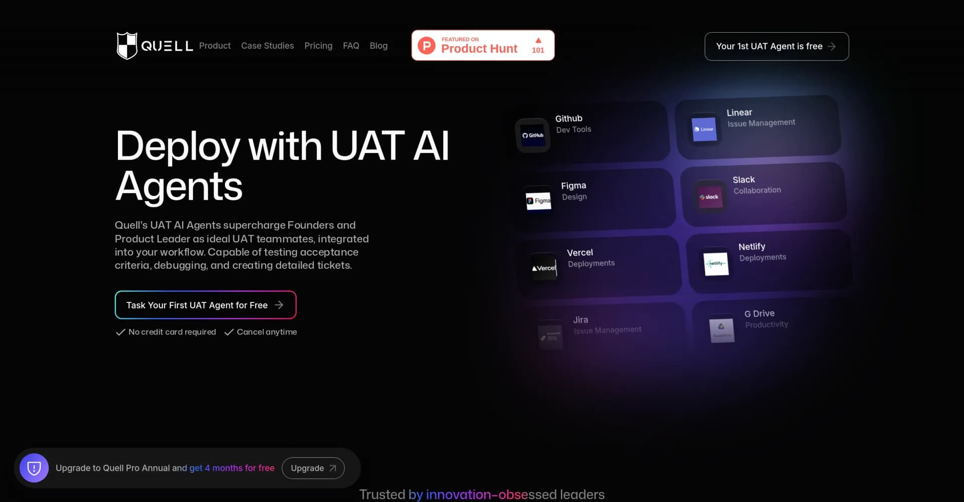 Quell homepage screenshot — AI agents that supercharge UAT and catch critical bugs faste