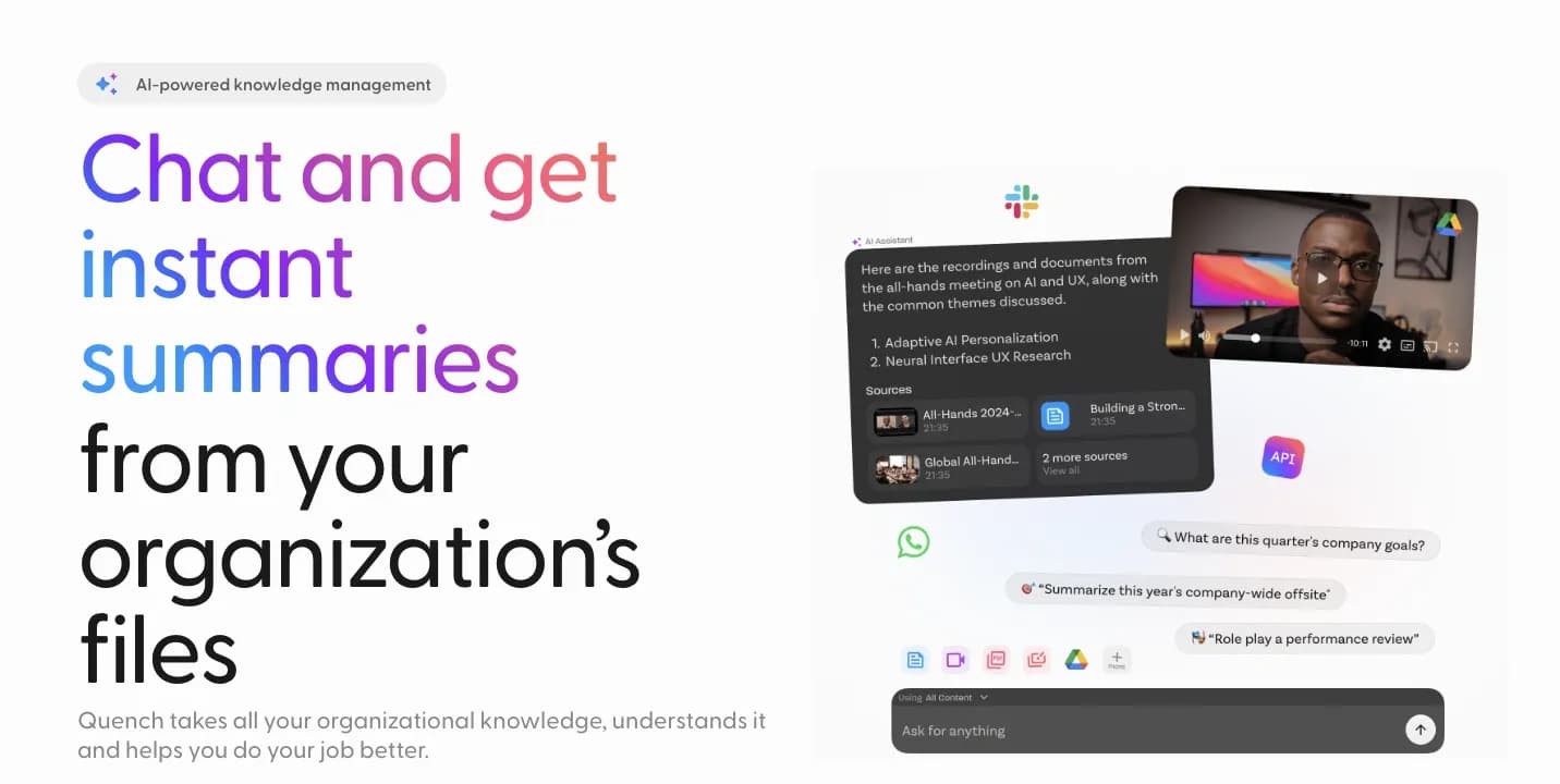 Quench.ai homepage screenshot — Assisted video learning for businesses.