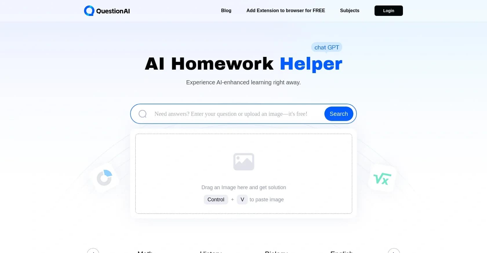 QuestionAI homepage screenshot — AI-powered homework help made fast and affordable.