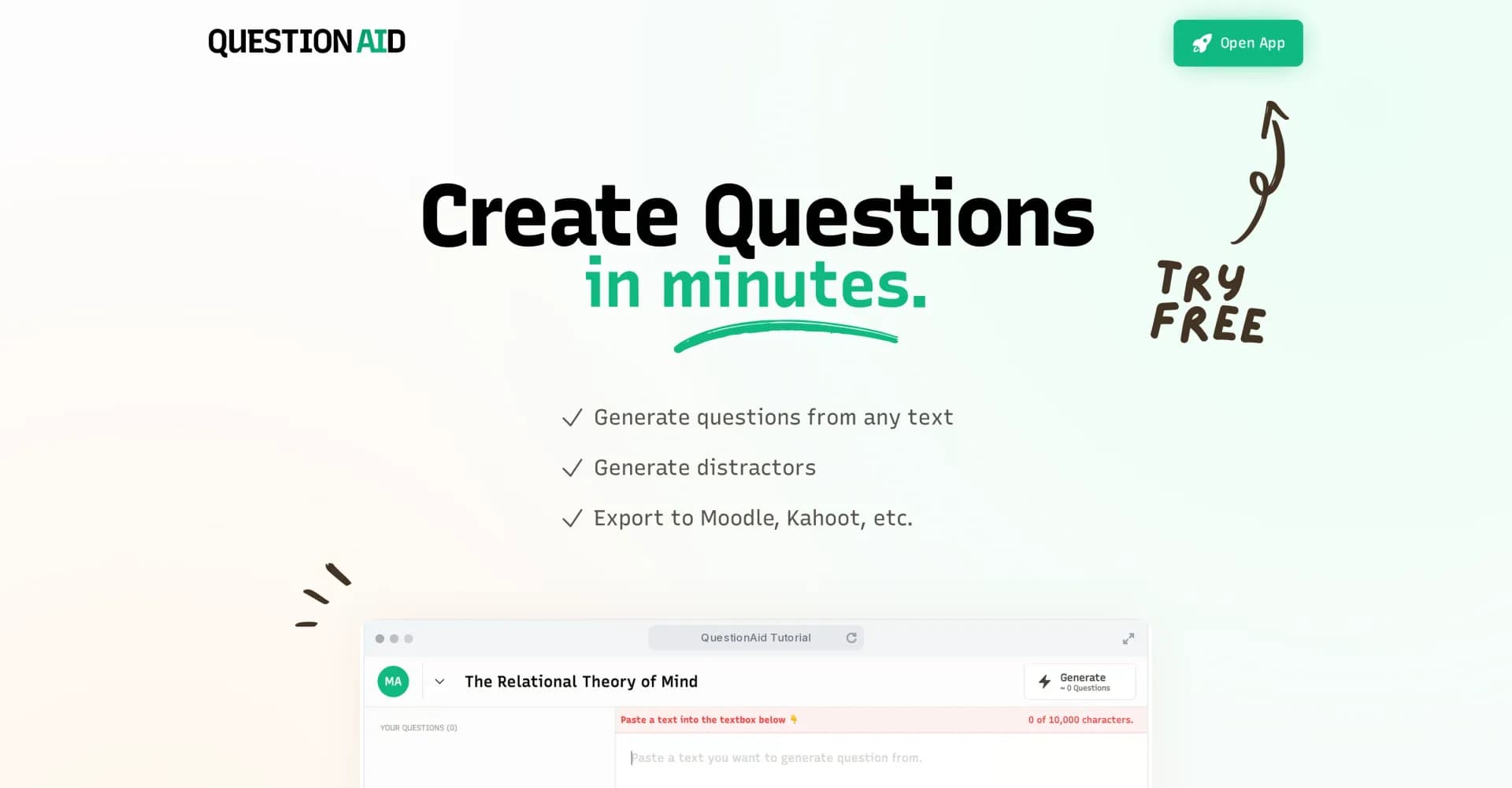 QuestionAid homepage screenshot — AI-powered question generator for any text