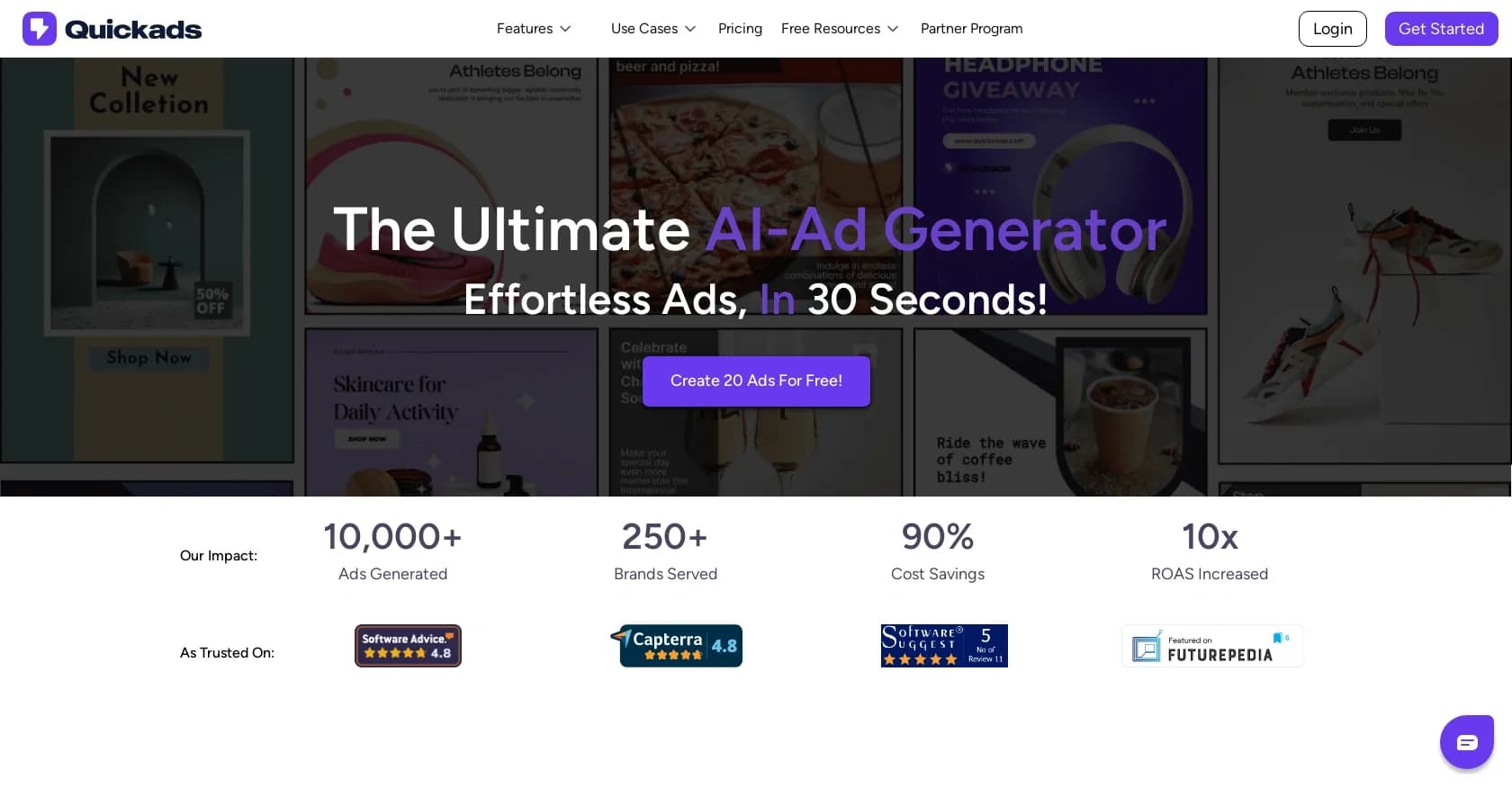 Quick Ads homepage screenshot — Create effortless ads in 30 seconds with AI.