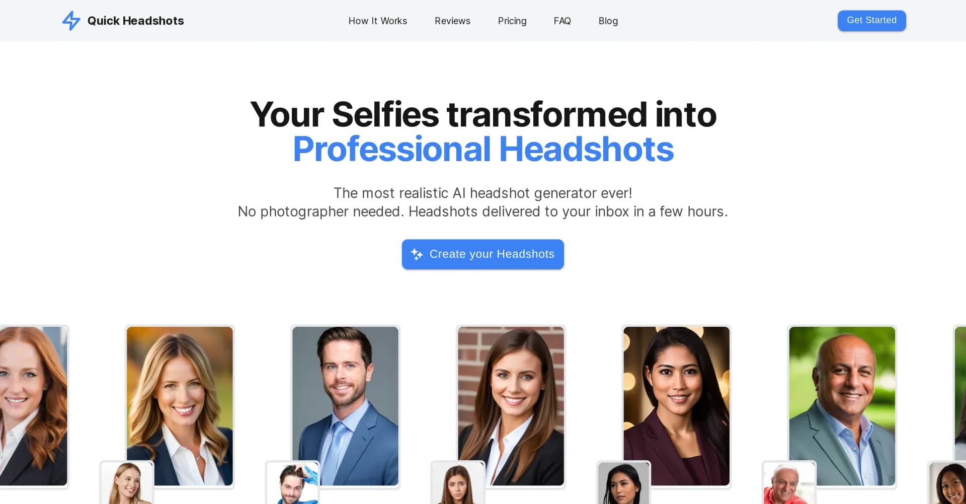 Quick Headshots homepage screenshot — Selfies to professional headshots in hours.