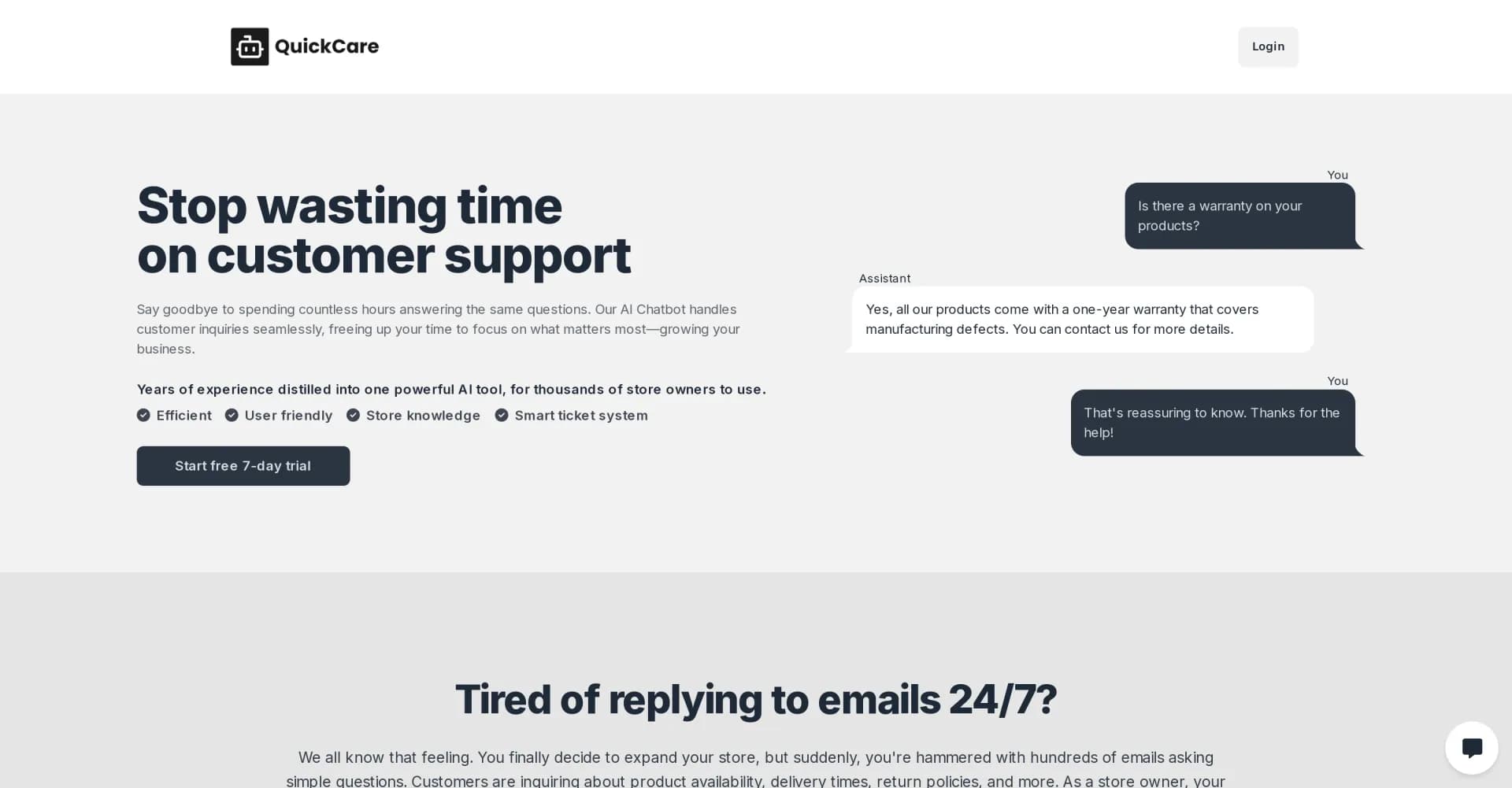 QuickCare homepage screenshot — AI chatbots for seamless customer support