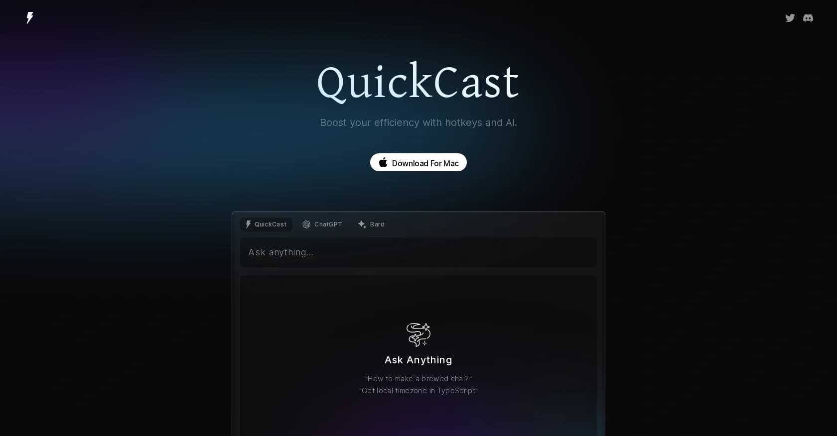 Quickcast homepage screenshot — Quick launch ChatGPT with a single shortcut key.
