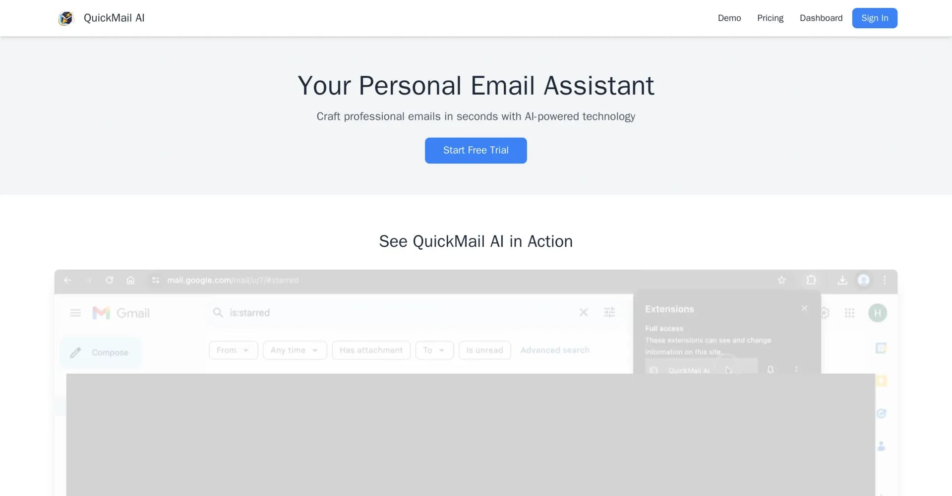 QuickMail AI homepage screenshot — Craft professional emails in seconds with AI