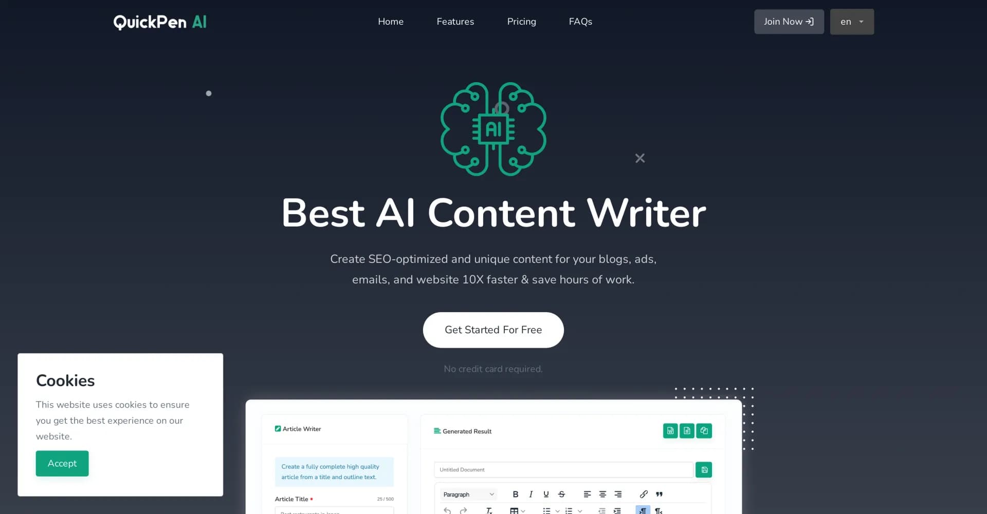 QuickPenAI homepage screenshot — AI content creation made simple.