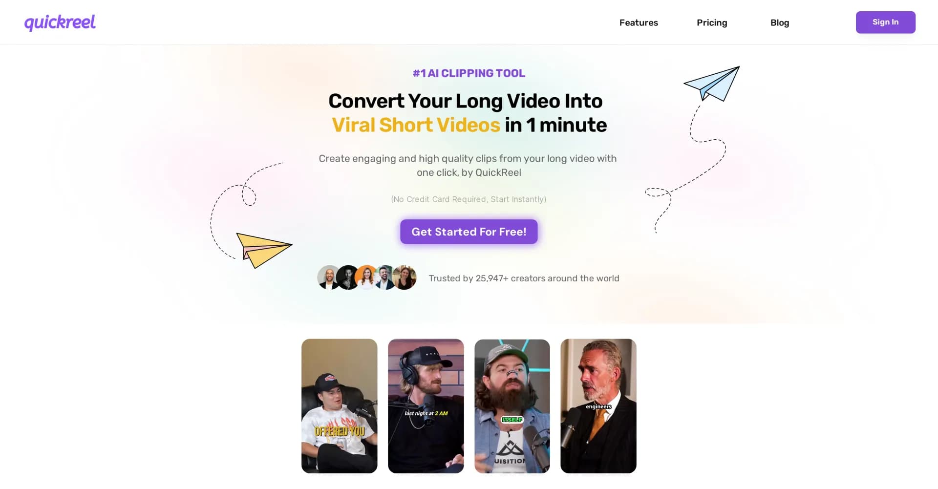 QuickReel homepage screenshot — Convert long videos into viral shorts instantly.
