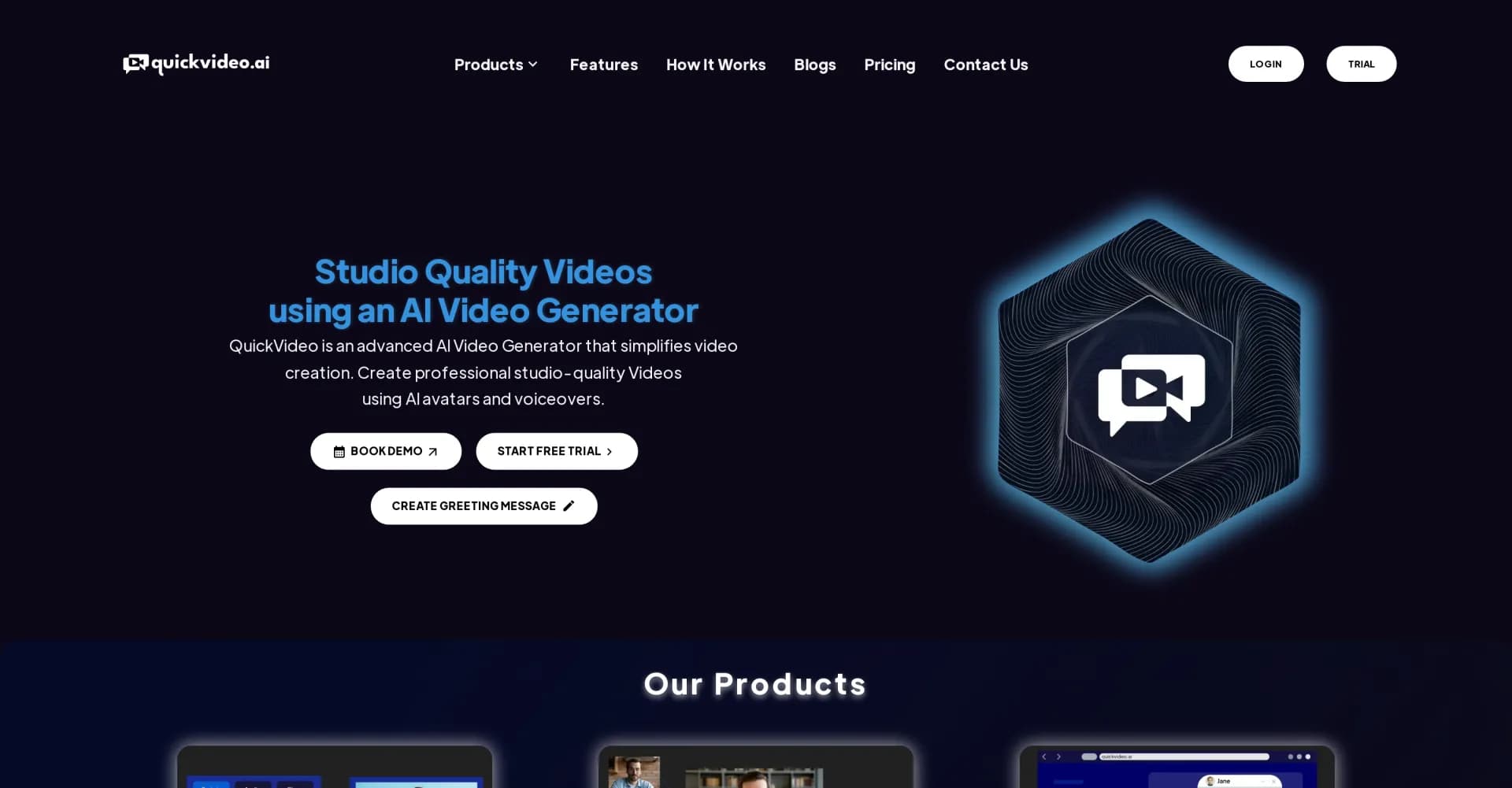 QuickVideo homepage screenshot — Create studio-quality videos with AI avatars and voiceovers.
