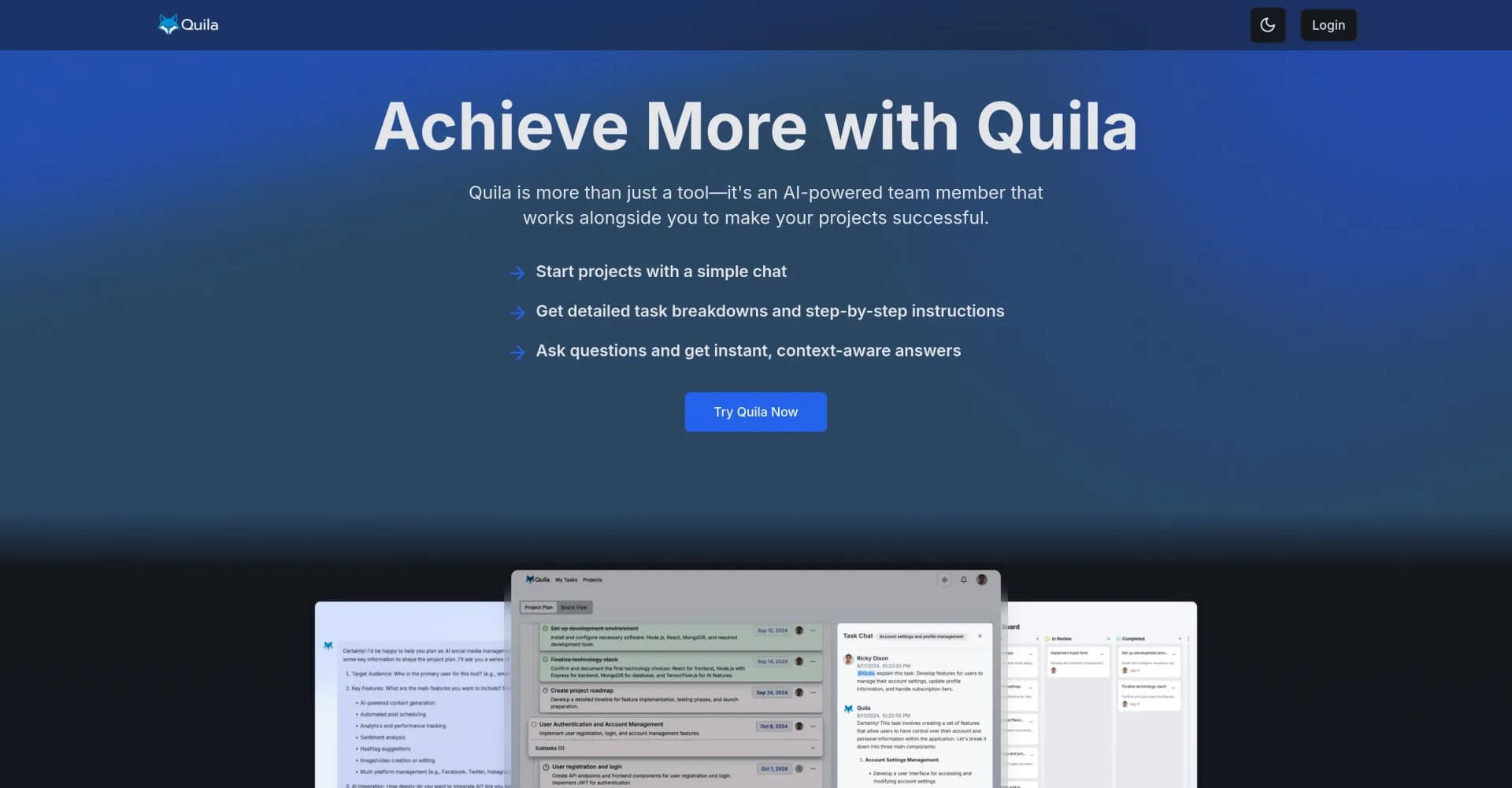 Quila homepage screenshot — AI Project Manager for seamless planning and execution