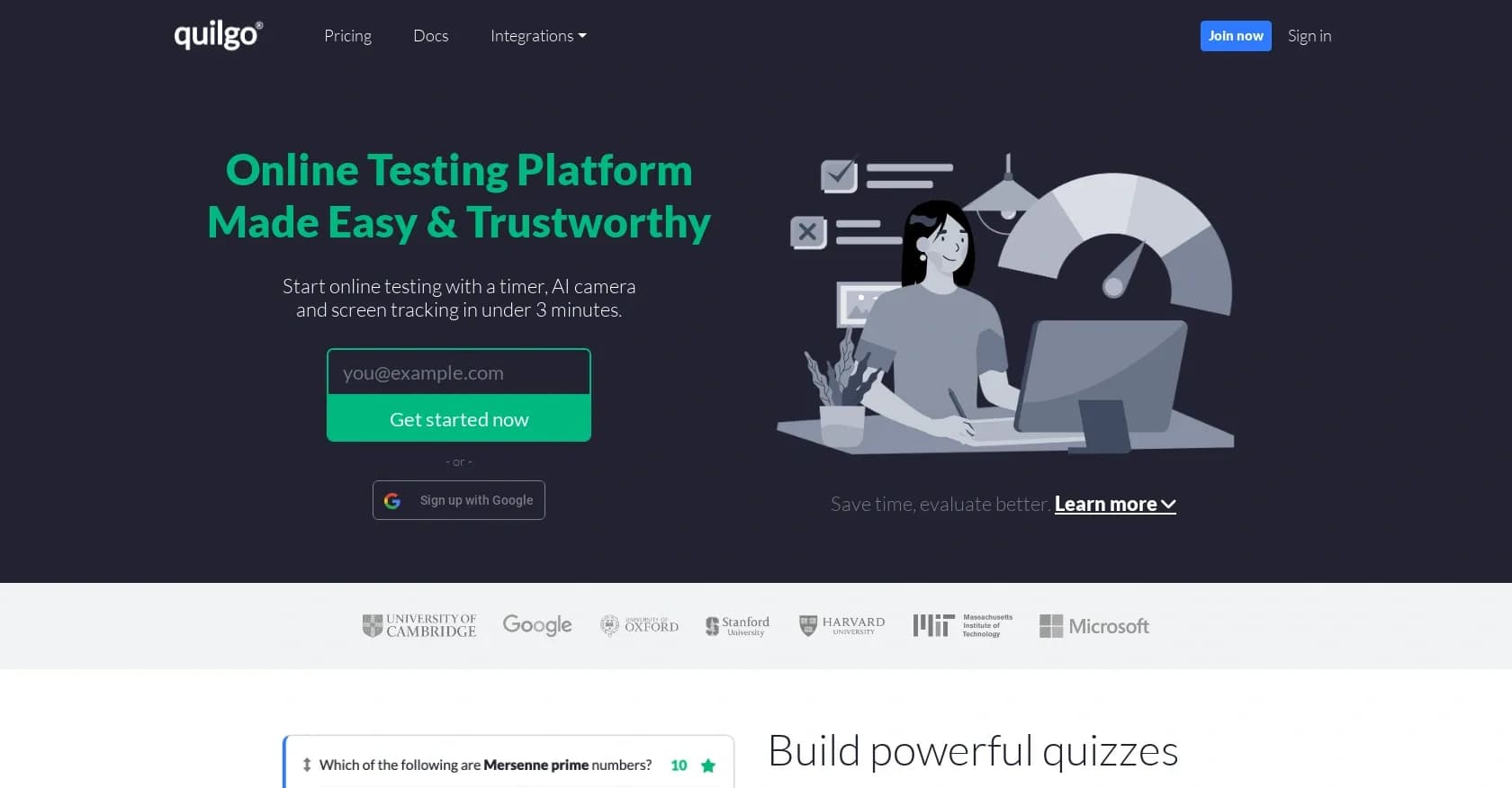 Quilgo homepage screenshot — Secure online testing with AI proctoring in minutes.