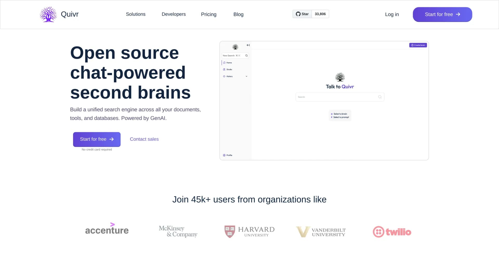 Quivr homepage screenshot — Your cloud-based second brain for effortless information ret