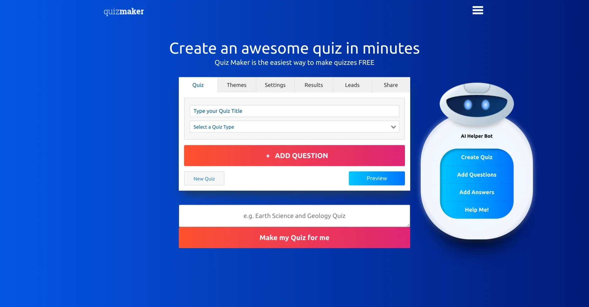 Quiz Maker homepage screenshot — Create awesome quizzes in minutes, free and easy.