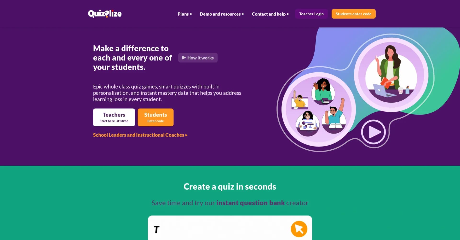 Quizalize homepage screenshot — Engage, differentiate, and track student mastery effortlessl