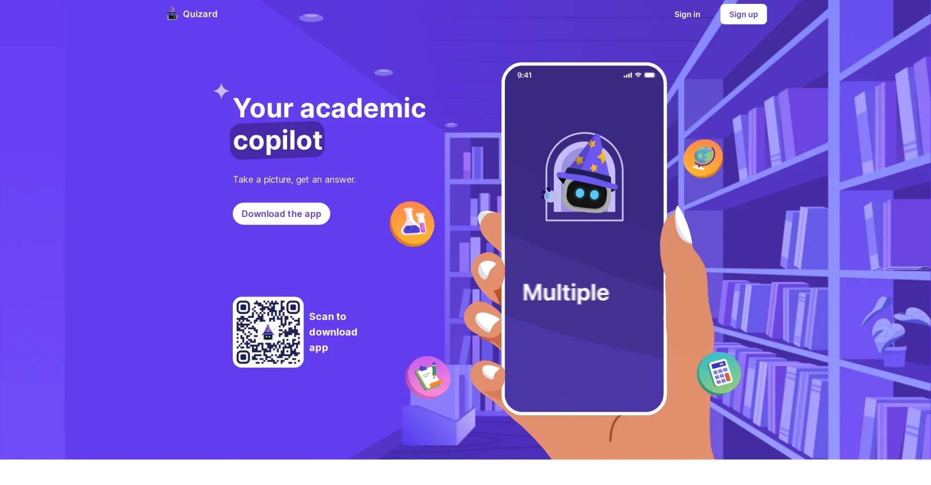 Quizard homepage screenshot — Your academic copilot: Take a picture, get an answer.