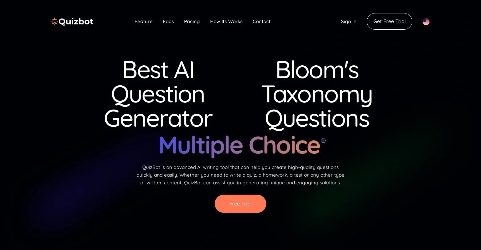 Quizbot homepage screenshot — Create high-quality questions with AI, effortlessly.