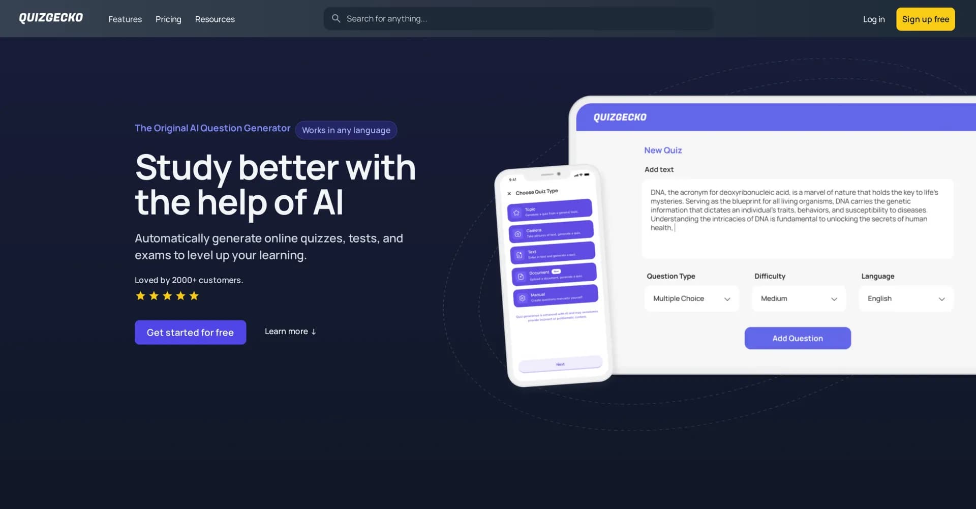 Quizgecko homepage screenshot — Generate quizzes from text in seconds with AI