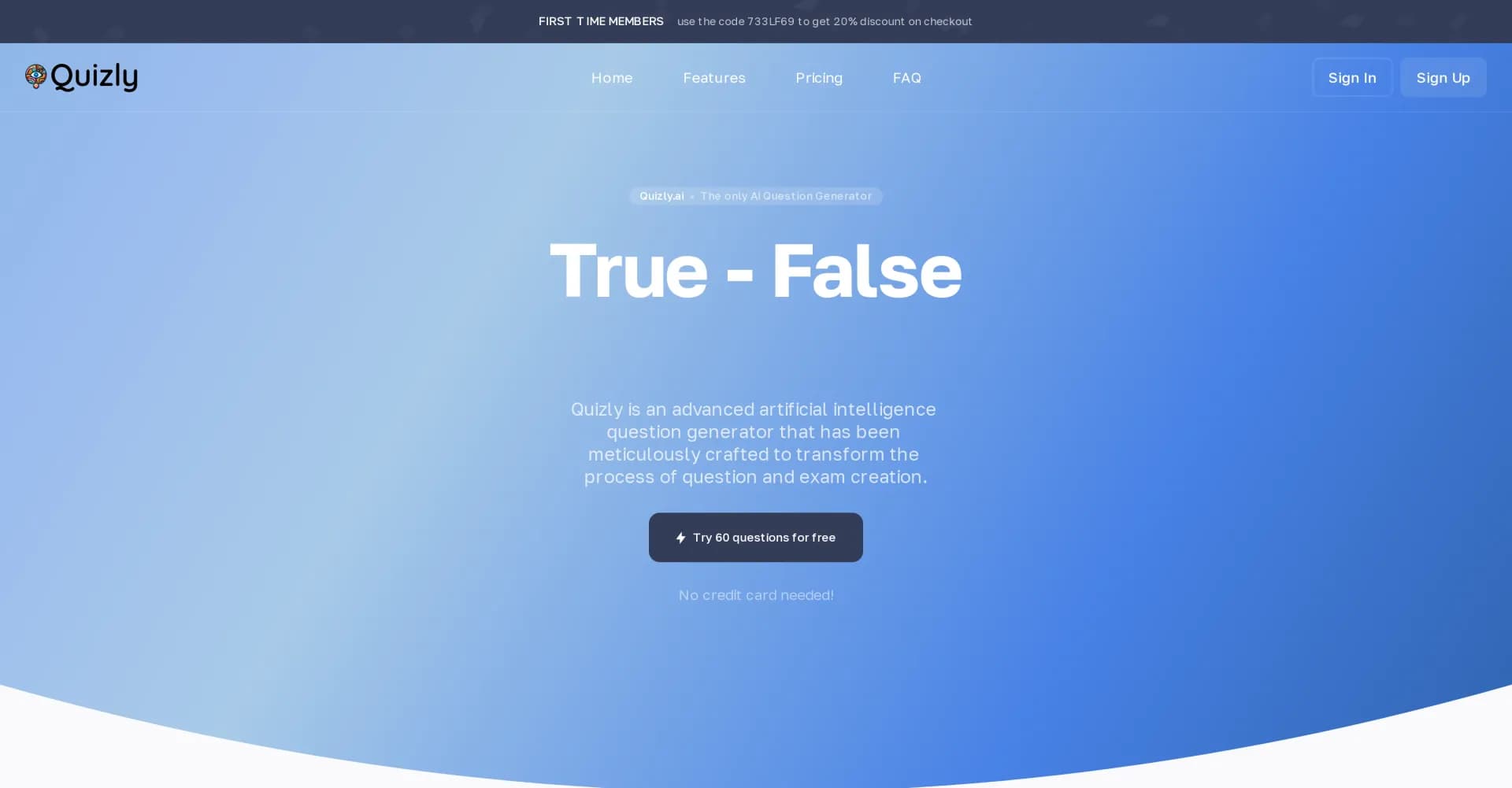 Quizly homepage screenshot — Transform text, links, and videos into smart quizzes.