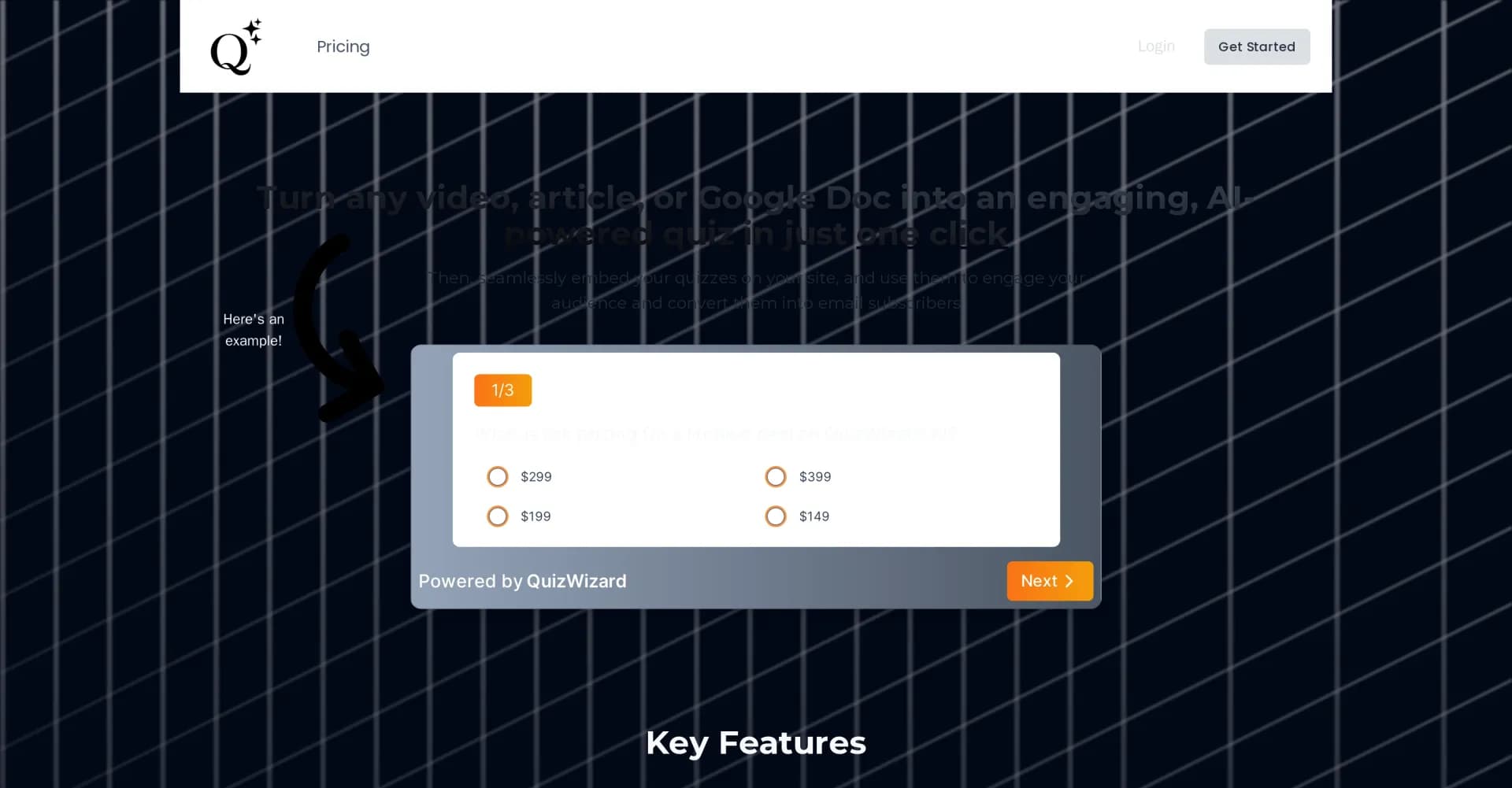 QuizWizard homepage screenshot — Turn content into engaging quizzes with one click.