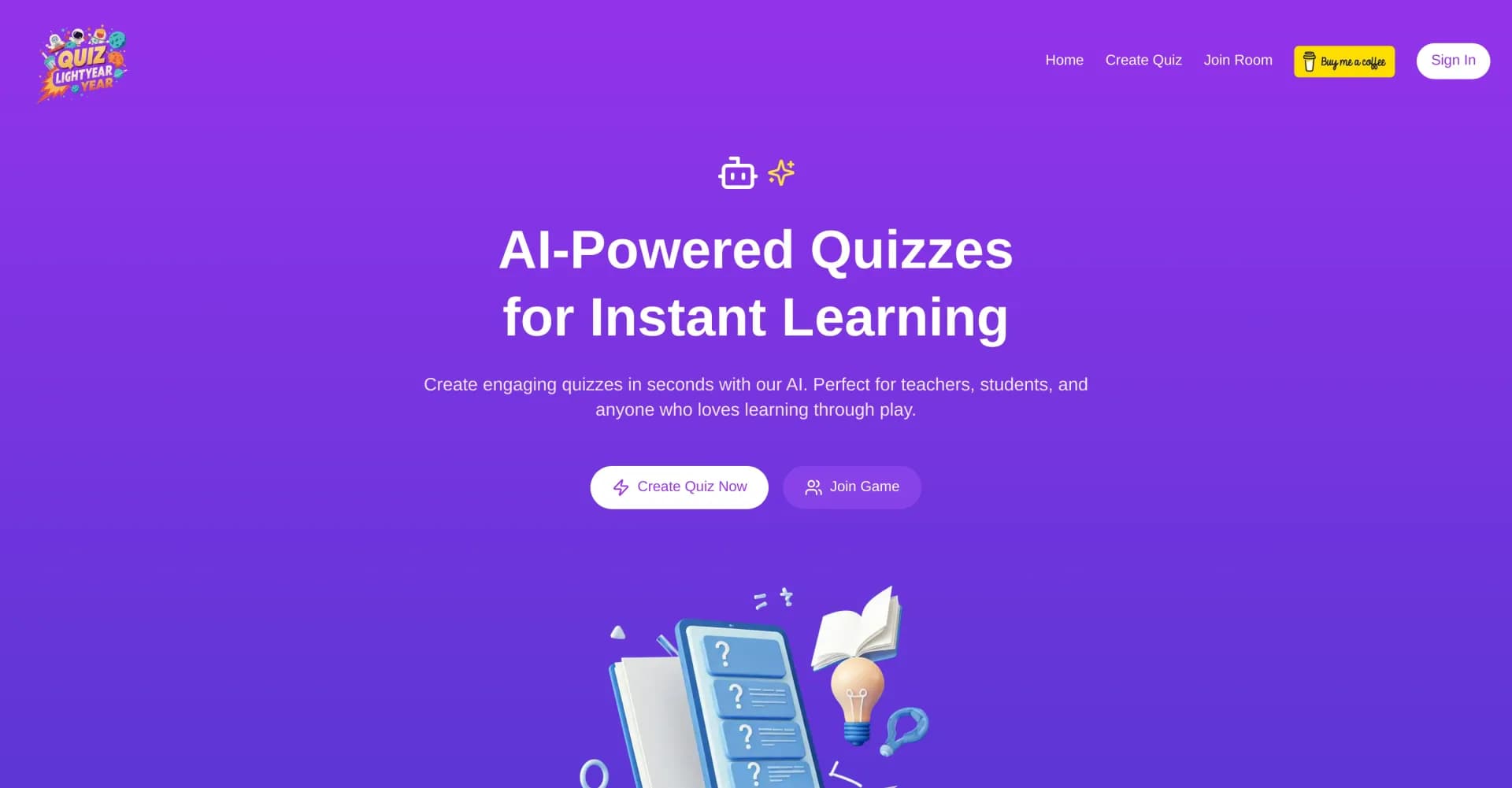 Quizz Light Year homepage screenshot — Generate engaging quizzes instantly with AI.