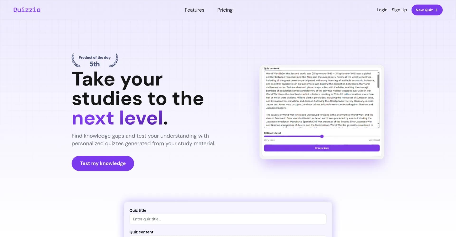 Quizzio homepage screenshot — Transform study material into personalized quizzes.