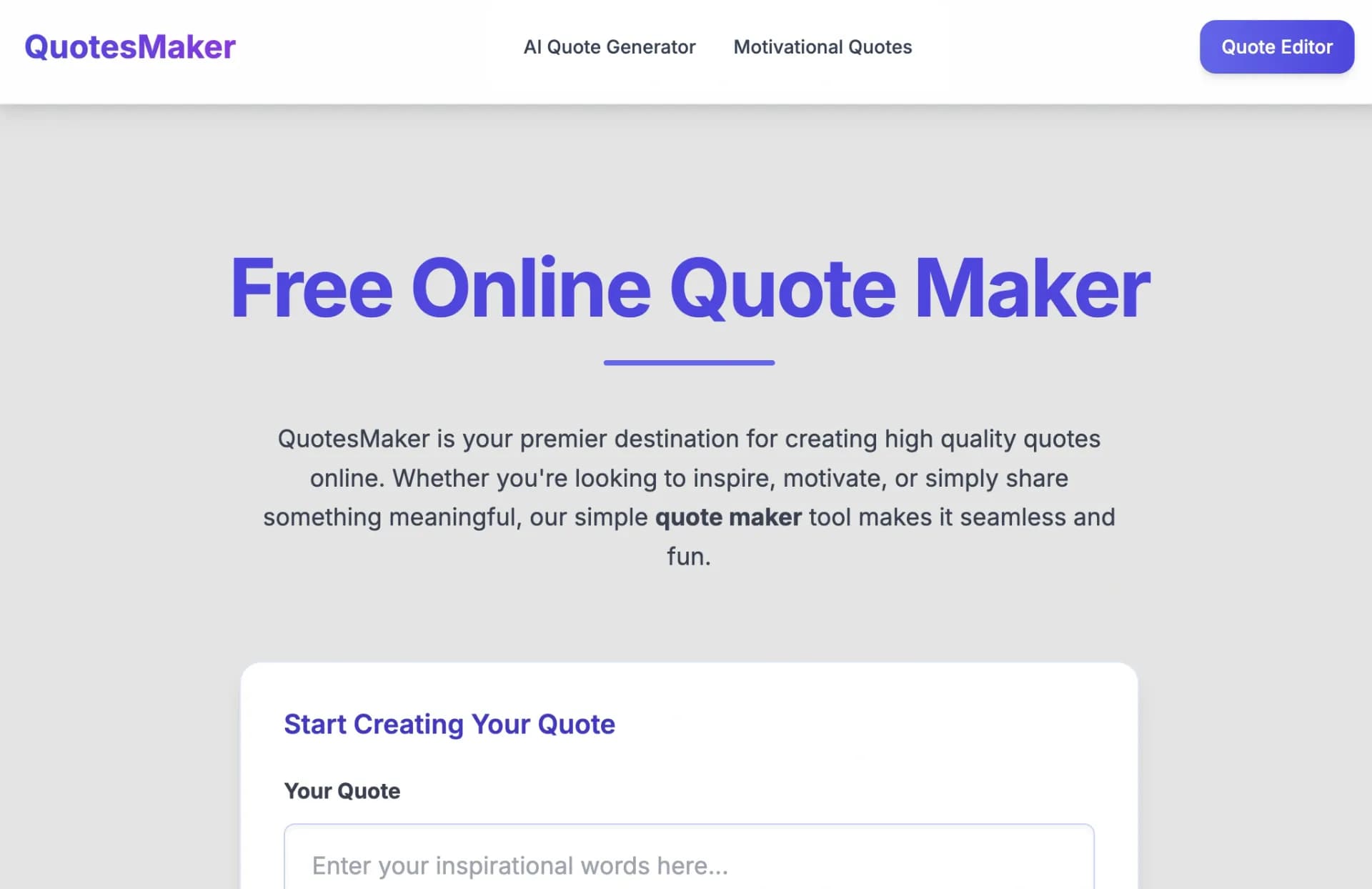 QuotesMaker homepage screenshot — Create inspiring quotes with AI technology.
