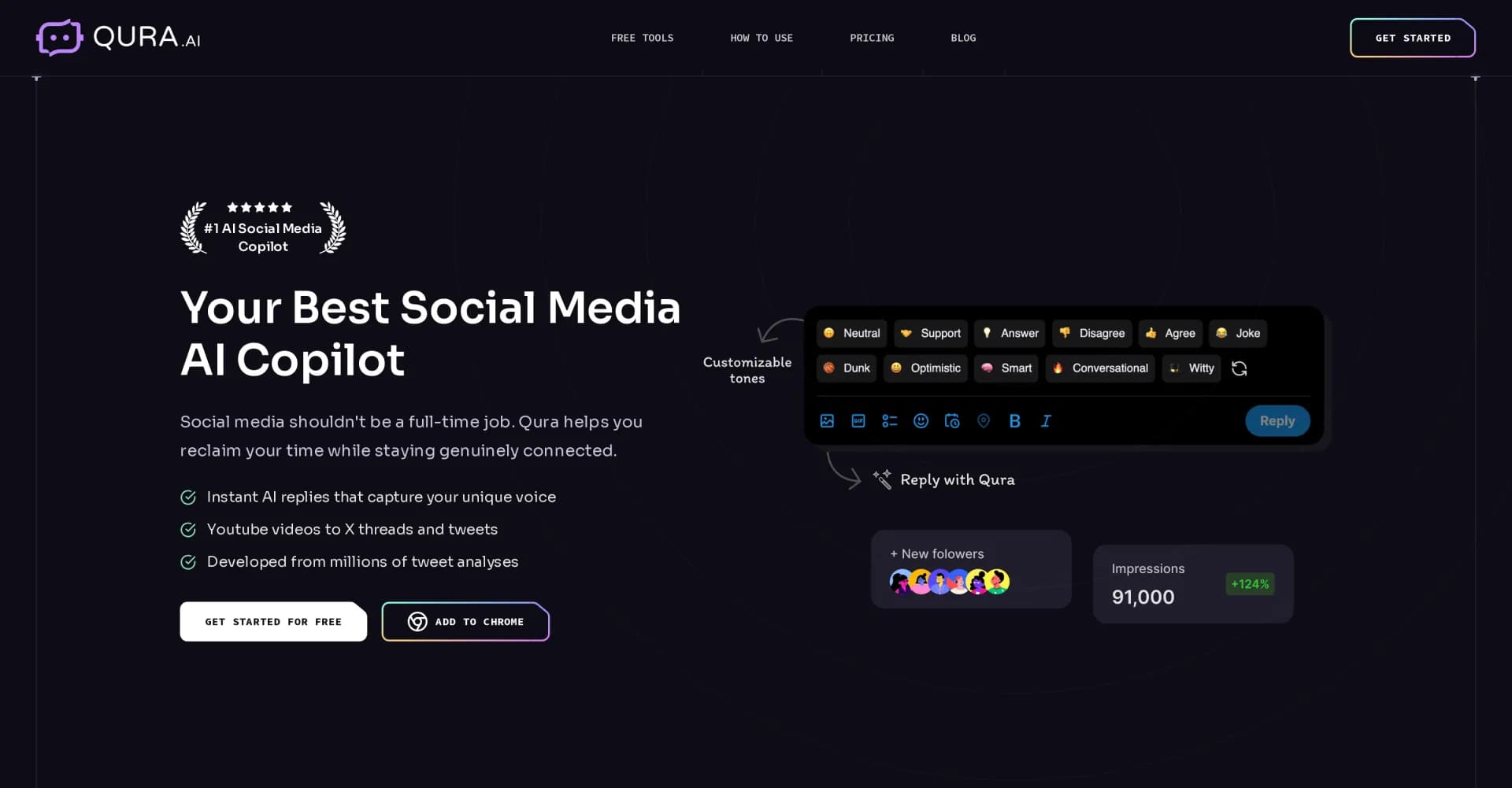 Qurav7.5.7 homepage screenshot — Create one-click replies to boost social media engagement