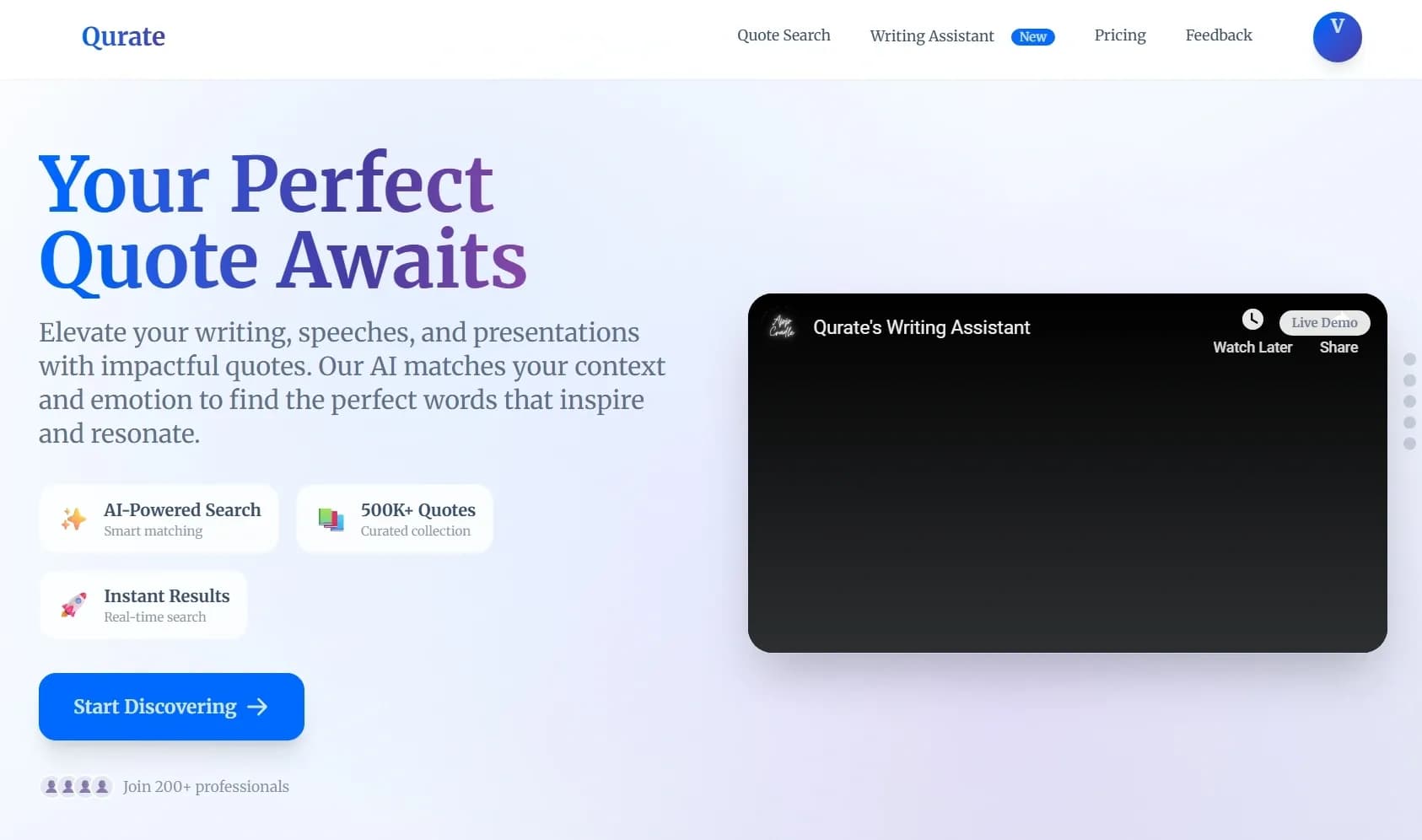 Qurate: Elevate your writing, speeches, and presentat... homepage screenshot — Qurate is an AI-powered quote discovery platform that helps 