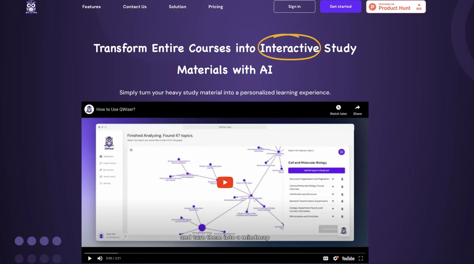 QWiser homepage screenshot — Transform content into engaging study materials with AI.