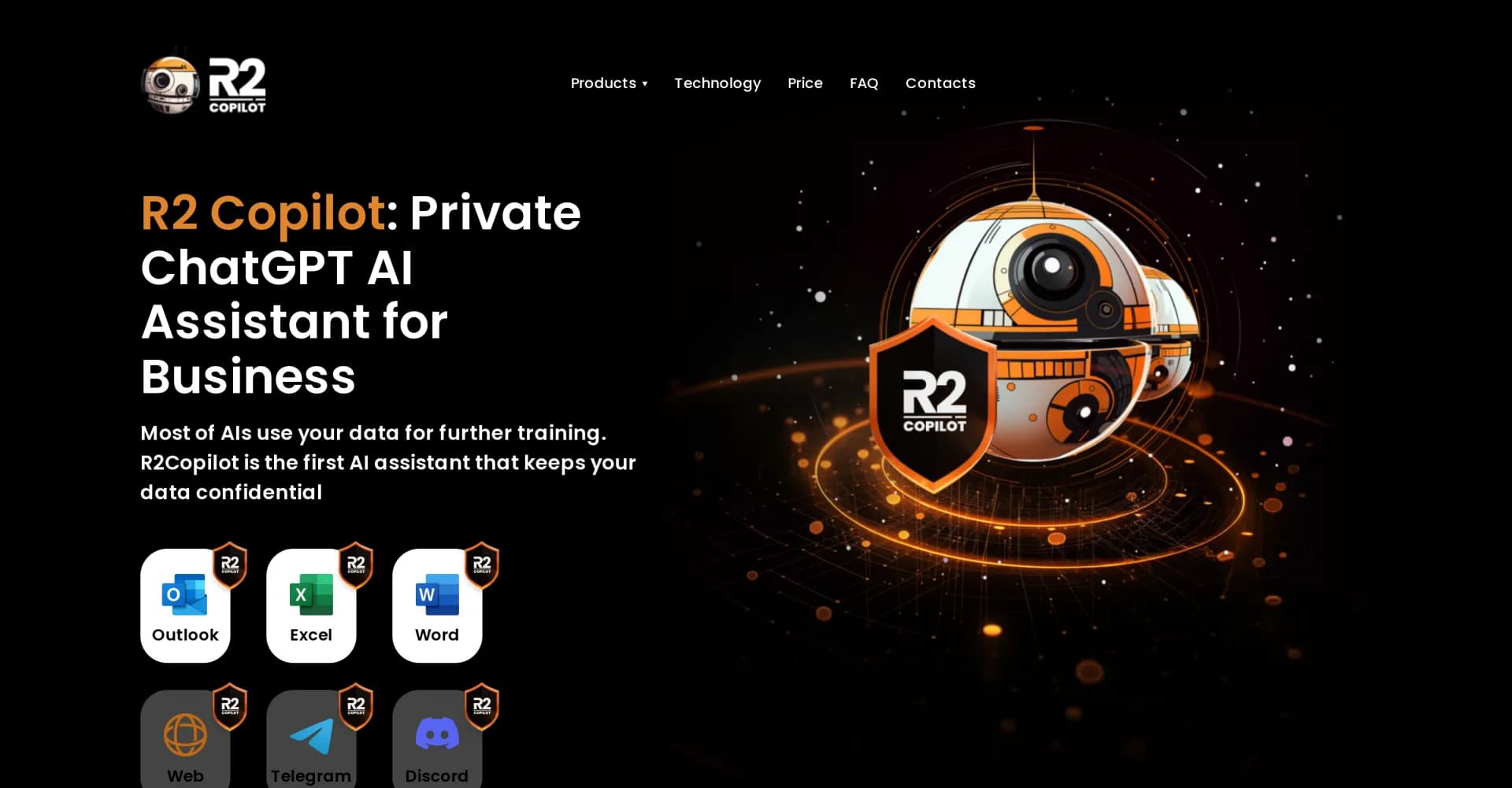 R2 Copilot homepage screenshot — AI assistant that keeps your data confidential
