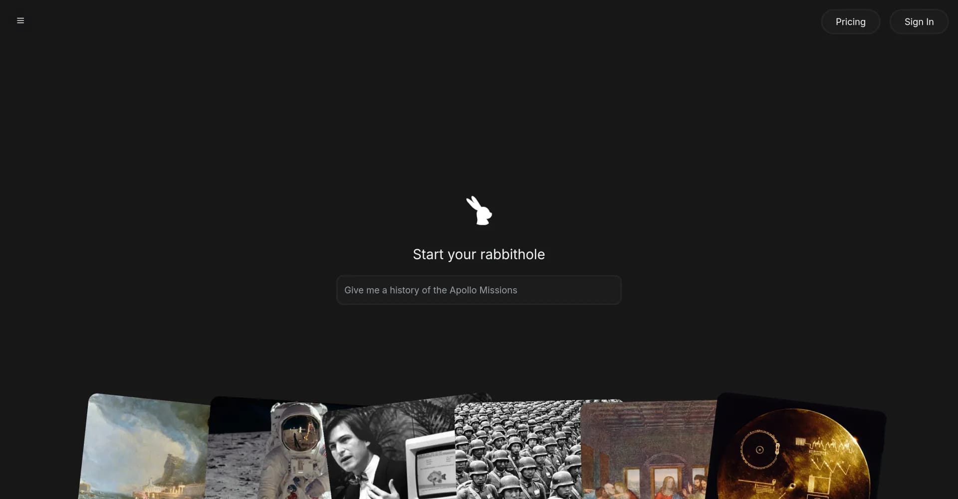Rabbithole homepage screenshot — A launchpad for your curiosity
