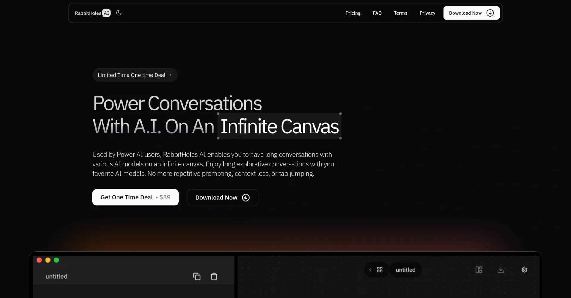 Rabbitholes AI homepage screenshot — Chat with AI models on an Infinite Canvas