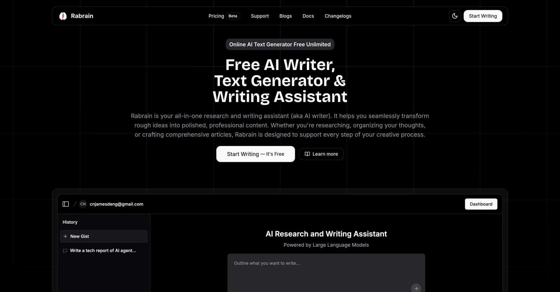 Rabrain homepage screenshot — Transform ideas into polished, professional content.